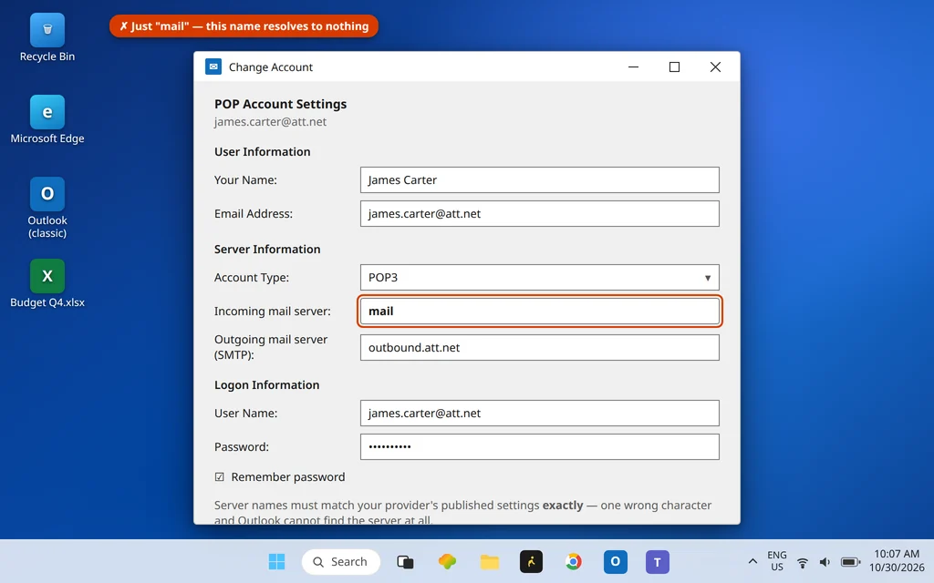 Change Account window in Outlook showing the incoming mail server wrongly set to mail, which causes error 0x800CCC0D