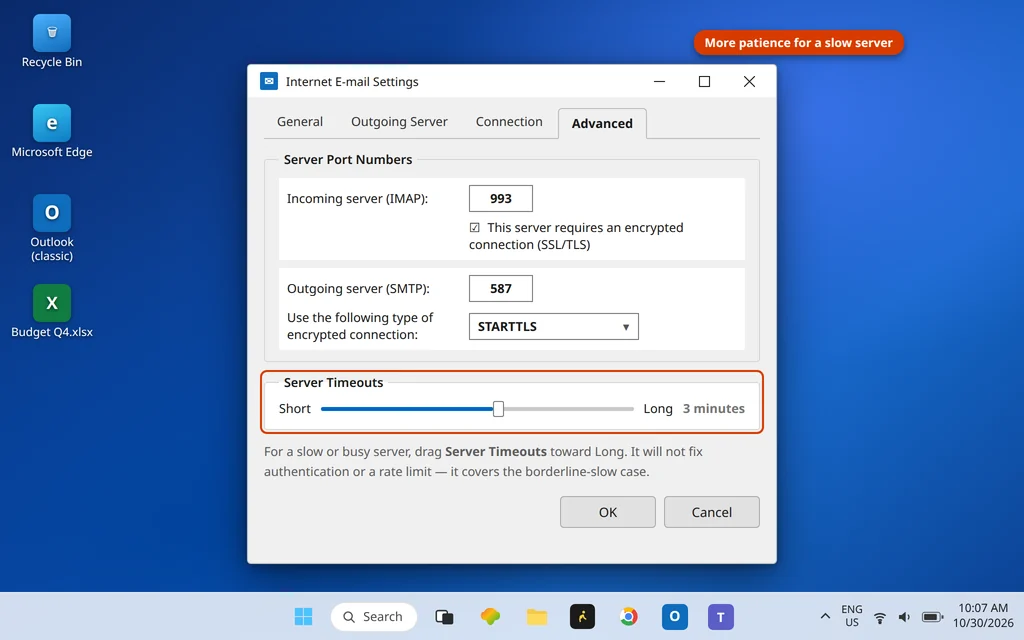 Internet E-mail Settings Advanced tab in Outlook with the Server Timeouts slider raised toward Long