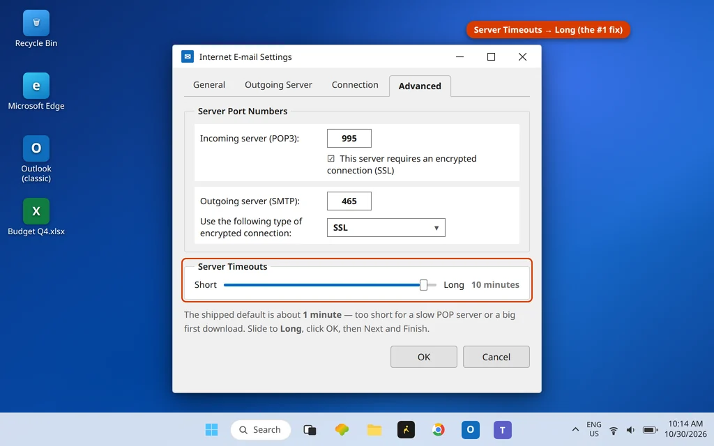 Internet E-mail Settings Advanced tab in Outlook with the Server Timeouts slider dragged to Long