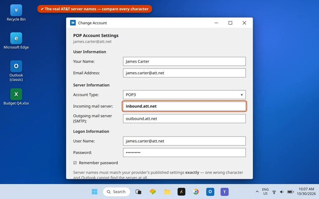 Change Account window in Outlook with the correct AT&T server names inbound.att.net and outbound.att.net
