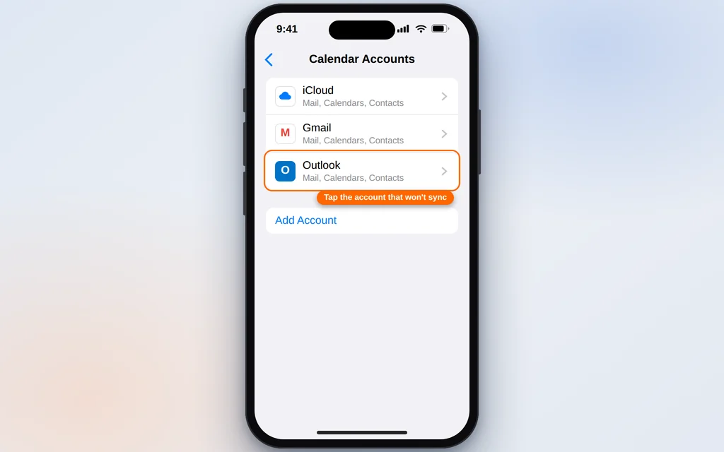 Calendar Accounts list on iPhone showing iCloud, Gmail and Outlook accounts