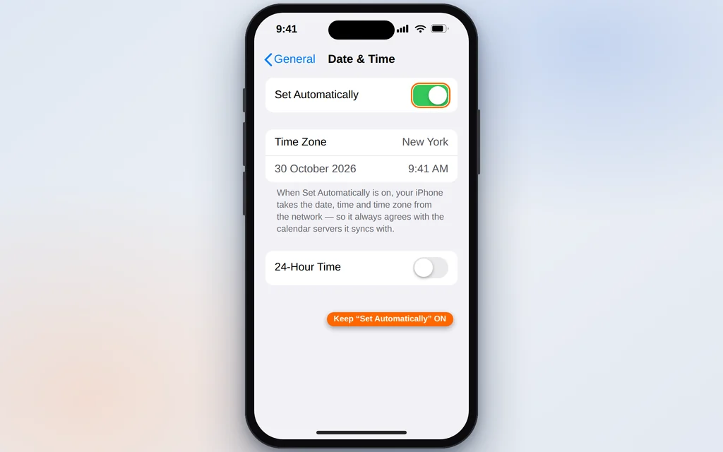 Date and Time settings on iPhone with Set Automatically switched on