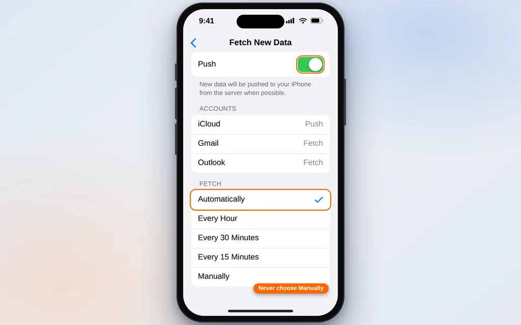 Fetch New Data settings on iPhone with Push on and Fetch set to Automatically