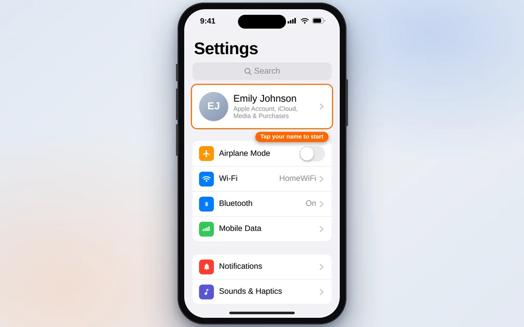 iPhone Settings showing the Apple Account card for Emily Johnson at the top