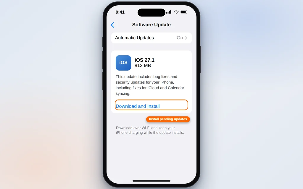 Software Update screen on iPhone showing an iOS update ready to download and install