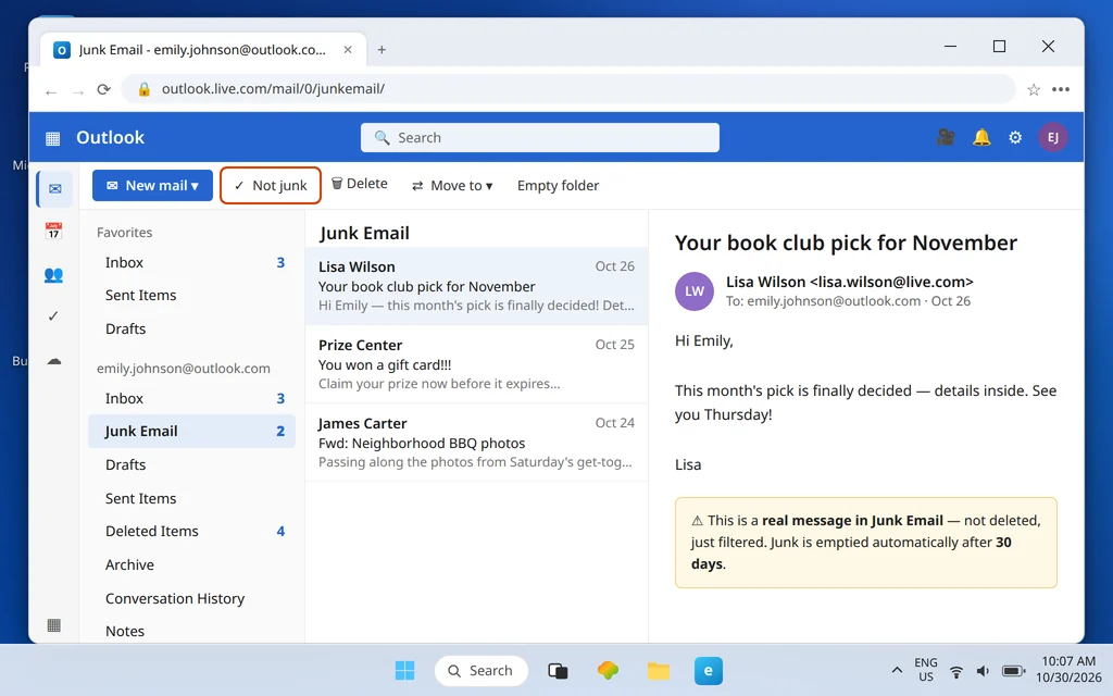 Outlook.com Junk Email folder showing a legitimate message that was filtered there, with Mark as not junk available