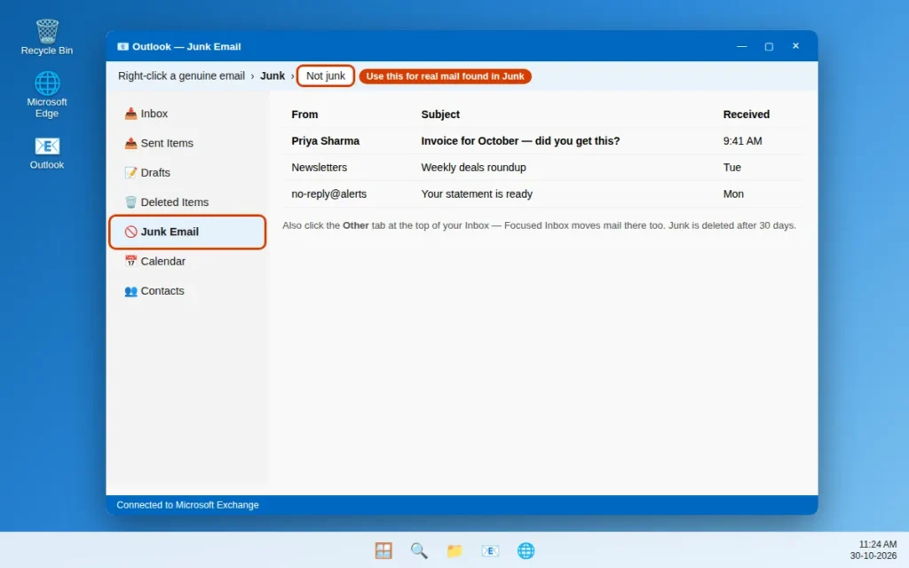 Junk Email folder in Outlook with a message marked as Not junk