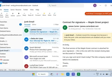 Junk Email folder in Outlook containing genuine messages - a work contract, a flight receipt and a security code that were filtered as spam