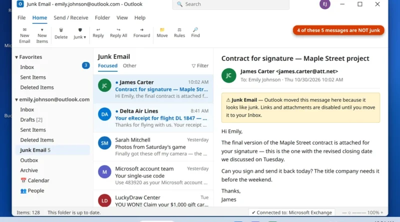 Junk Email folder in Outlook containing genuine messages - a work contract, a flight receipt and a security code that were filtered as spam