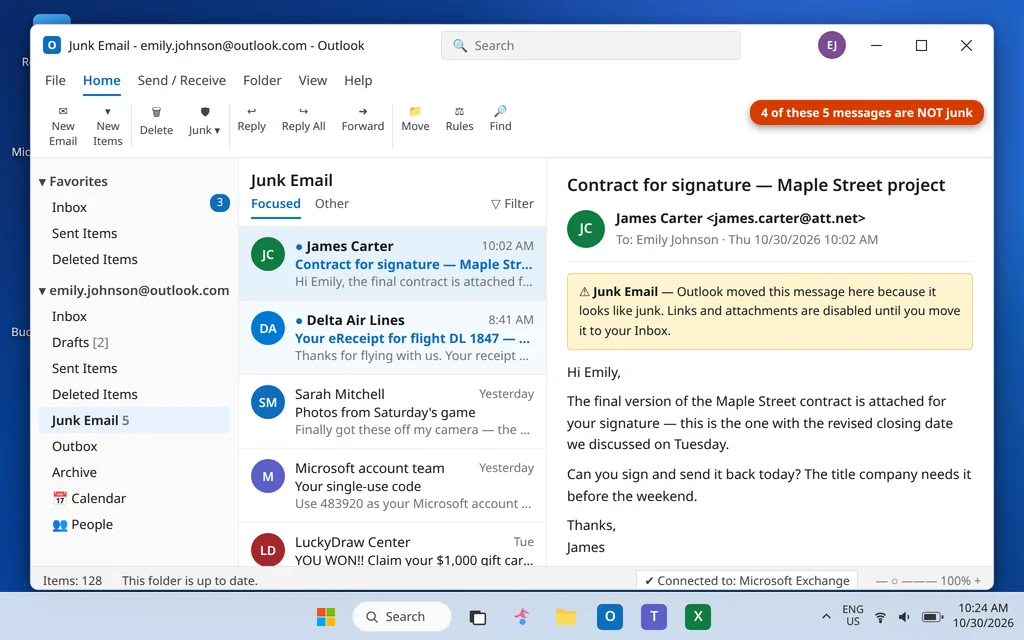 Junk Email folder in Outlook containing genuine messages - a work contract, a flight receipt and a security code that were filtered as spam