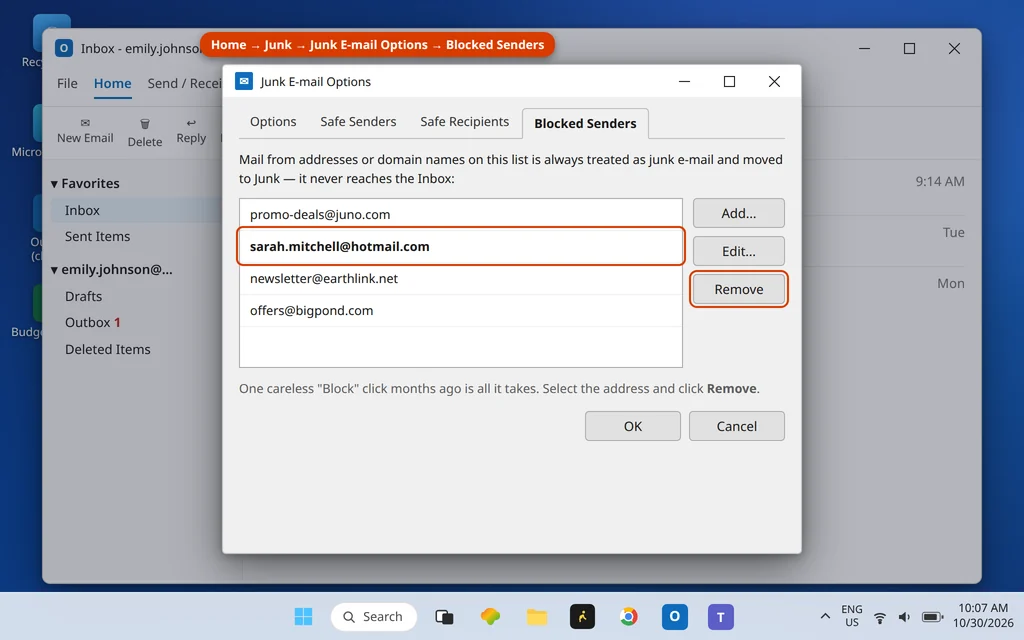 Junk Email Options Blocked Senders tab with a sender address highlighted for removal