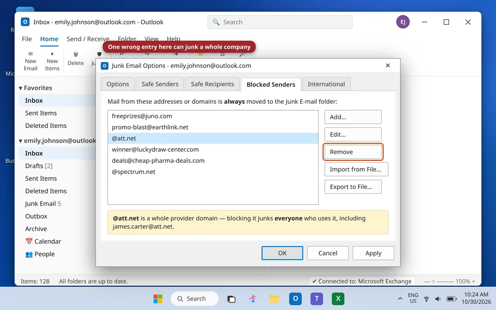 Blocked Senders tab in Junk Email Options with a whole provider domain blocked by mistake, about to be removed