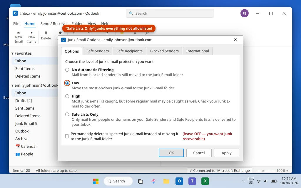 Junk Email Options dialog Options tab showing the filter levels with Low selected as the recommended setting