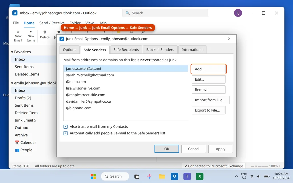Junk Email Options dialog in Outlook showing the Safe Senders tab with trusted addresses and domains listed