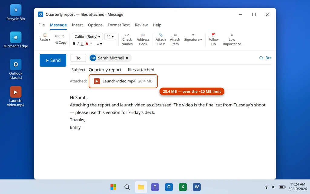 Outlook email with a very large attachment over the sending size limit