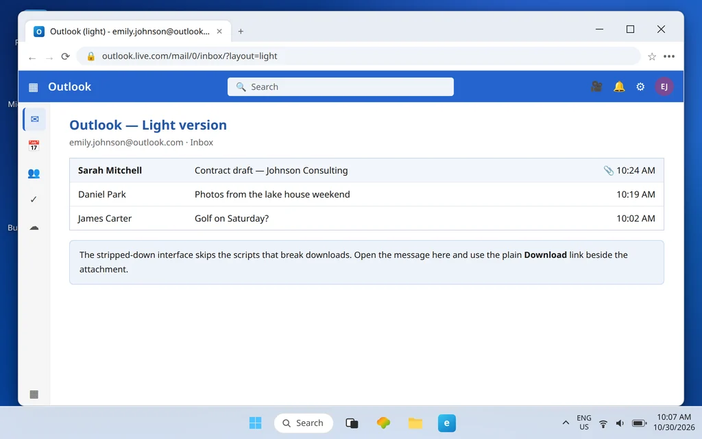 Outlook.com light version inbox opened with layout light in the URL, showing a plain message list