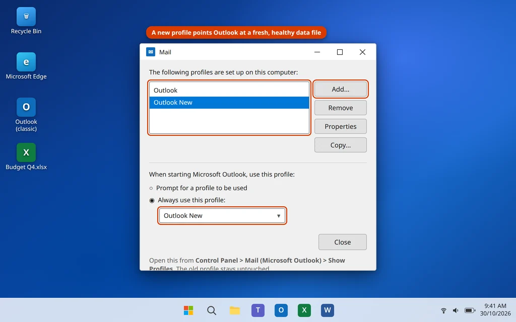 Mail Setup Show Profiles in Control Panel with a new Outlook profile added and set as default