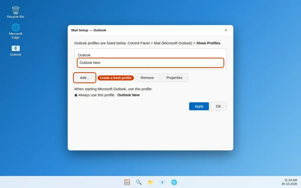 Mail Setup dialog in Control Panel with Show Profiles to create a new Outlook profile