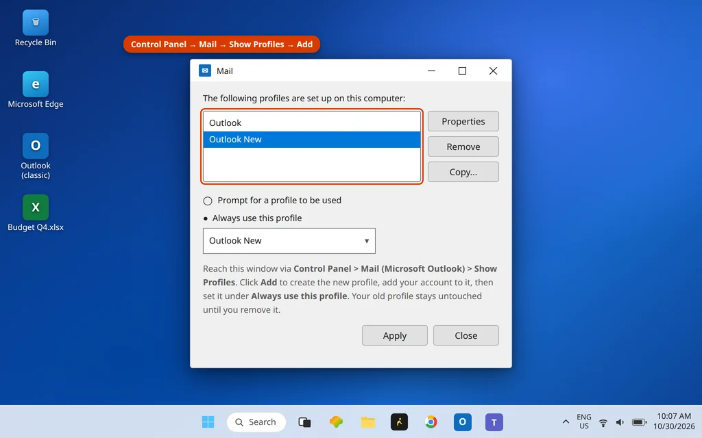 Mail Setup Show Profiles window with a new Outlook profile added
