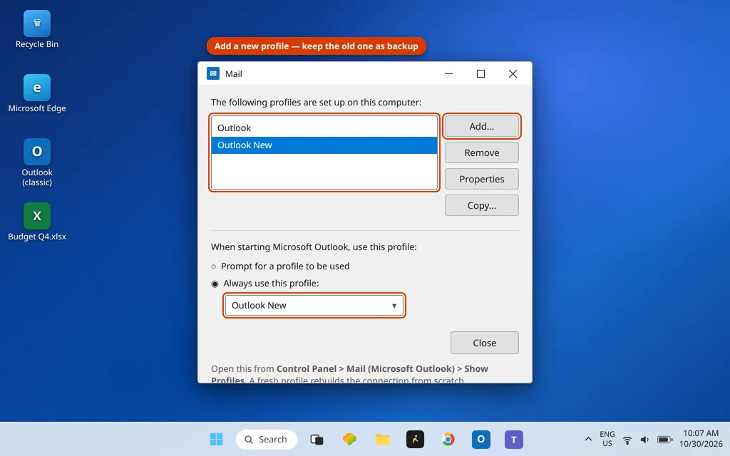 Mail Setup Show Profiles window in Control Panel with a new Outlook profile added