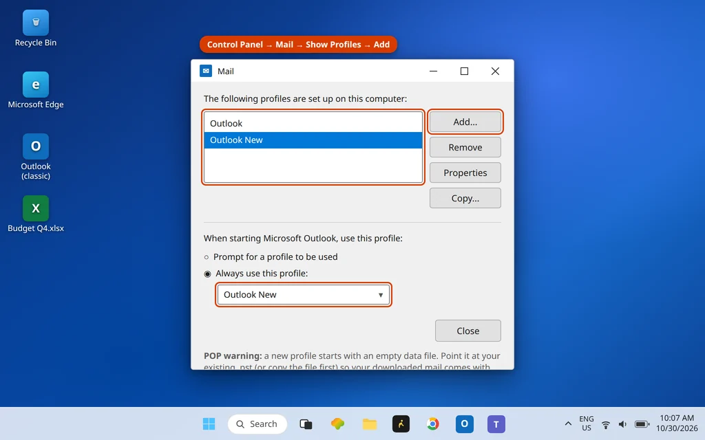 Mail Setup Show Profiles window with a new Outlook profile added for the POP3 account