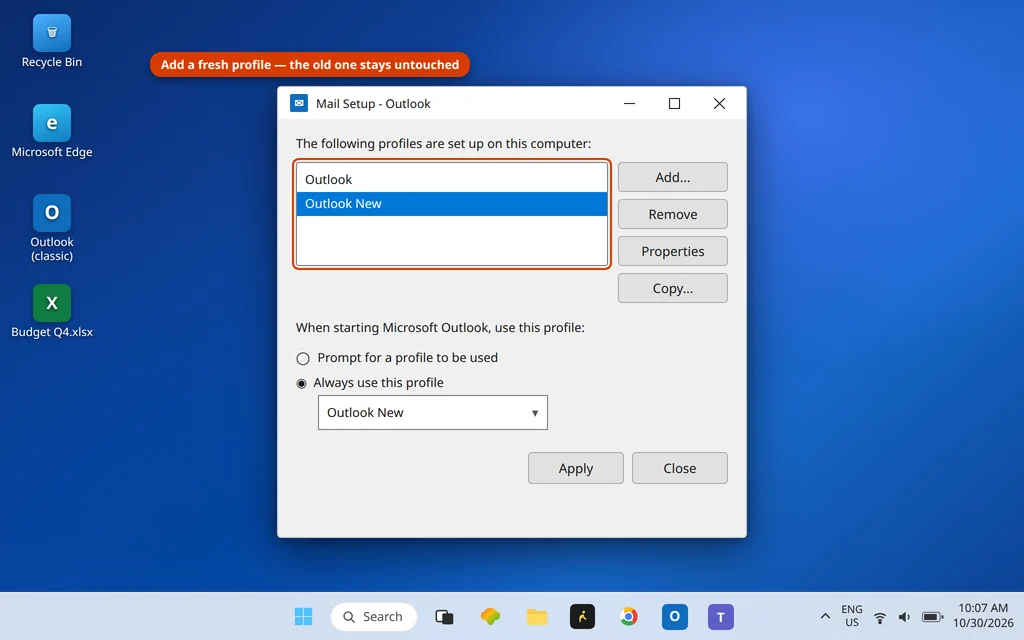 Mail Setup Show Profiles window in Control Panel with a new Outlook profile added