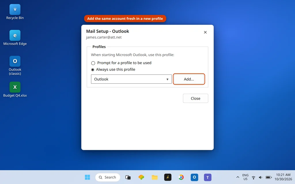 Mail Setup Show Profiles window in Control Panel with a new Outlook profile added