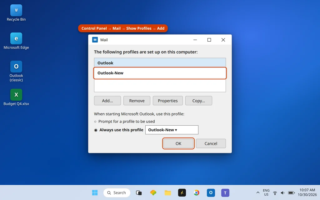 Mail Setup Show Profiles with a new Outlook profile added and set as default
