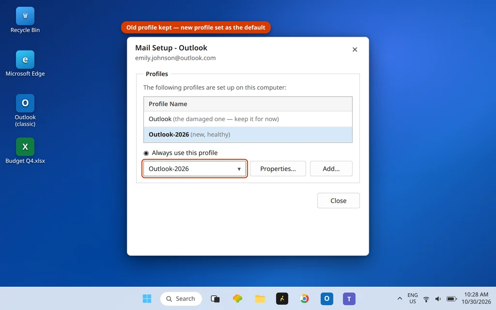 Mail Setup Show Profiles window in Control Panel listing the old and new Outlook profiles