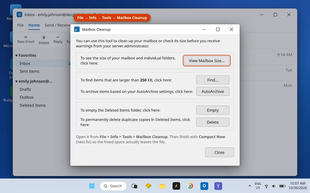 Outlook Mailbox Cleanup dialog showing mailbox size and find large messages options