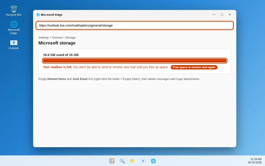 Mailbox storage usage in Outlook settings showing a full mailbox that needs space freed