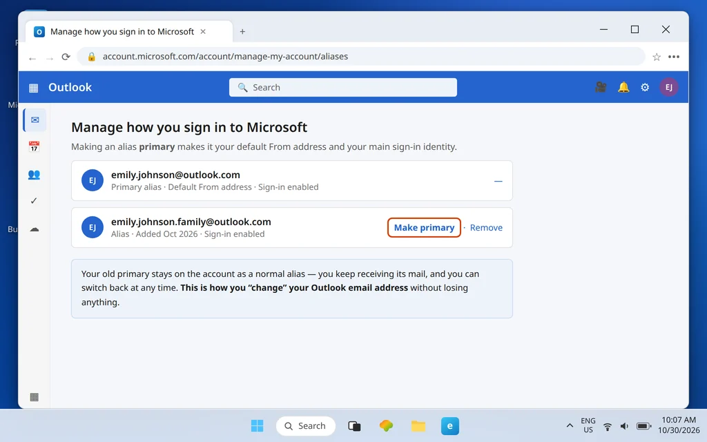 Microsoft account aliases page with Make primary highlighted next to the family alias and a note that the old primary stays as an alias