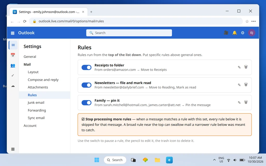 Outlook.com Rules list in Settings with on-off switches, edit and delete controls, and the Stop processing more rules option
