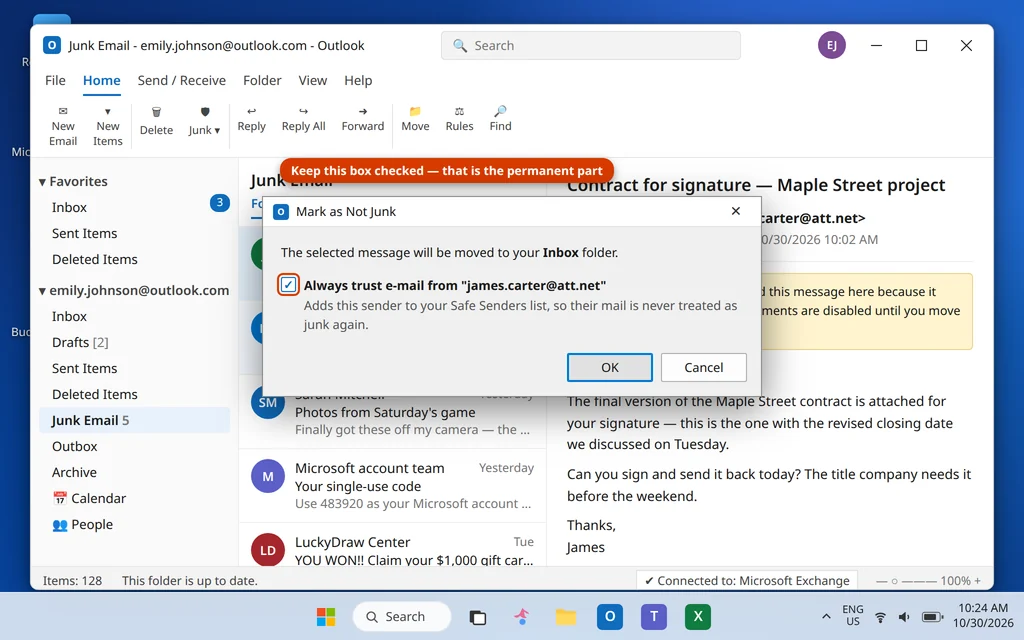 Mark as Not Junk dialog in Outlook with Always trust e-mail from this sender checked