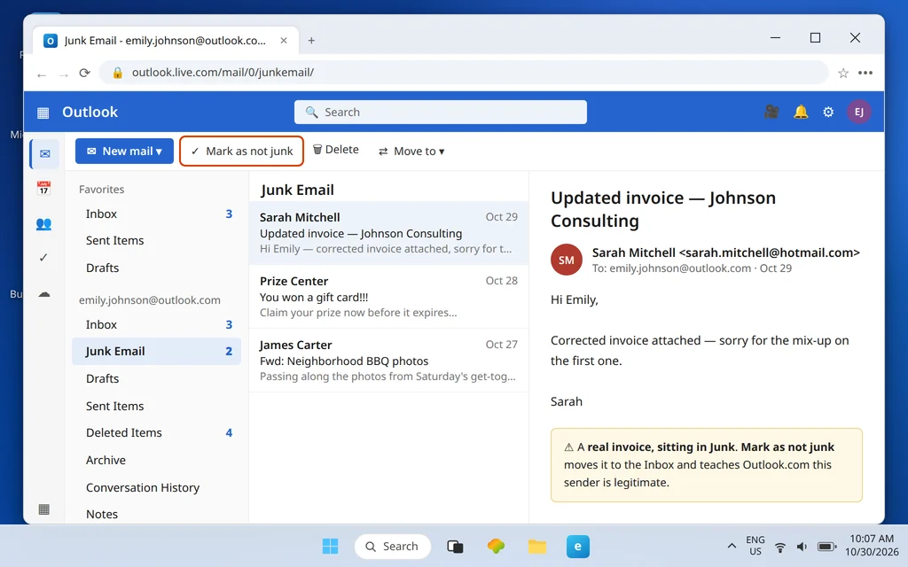Outlook.com Junk Email folder with a real invoice selected and Mark as not junk highlighted in the command bar