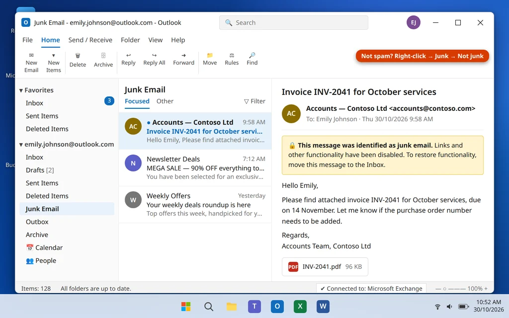 Junk Email folder in Outlook showing a genuine message that was filtered as spam