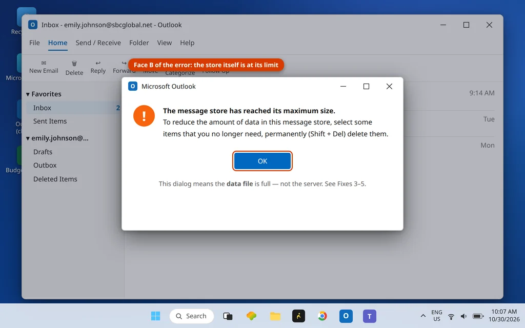 Outlook dialog the message store has reached its maximum size permanently delete items with Shift Delete