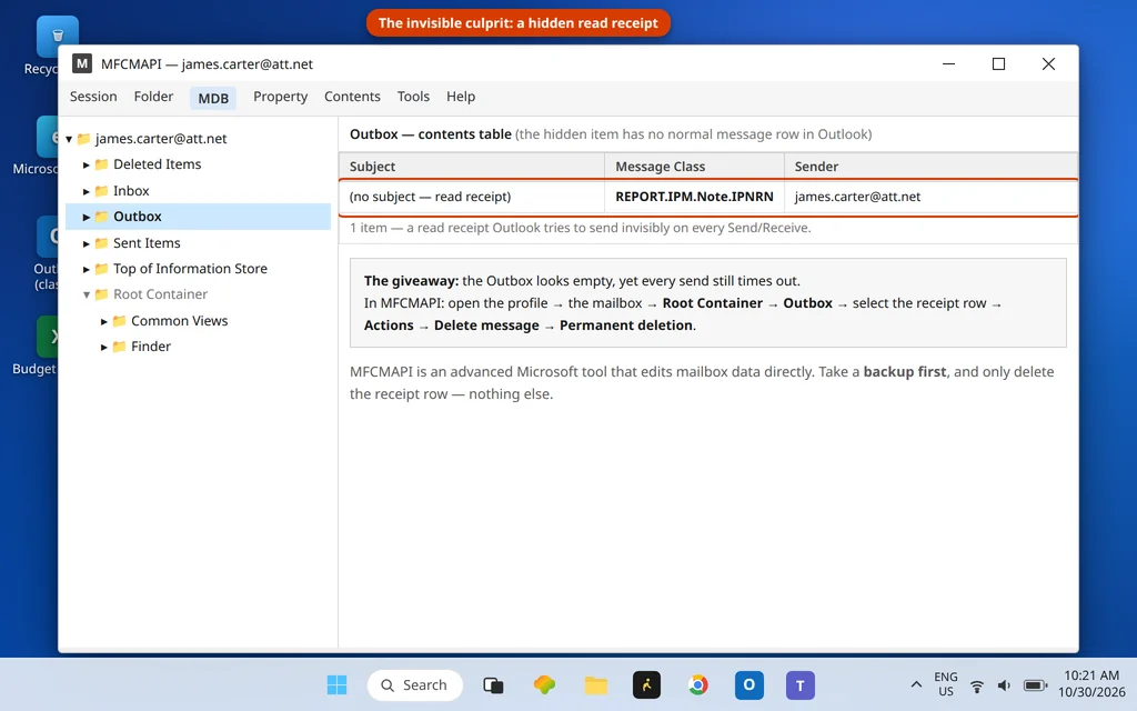 MFCMAPI tool showing the mailbox Outbox contents including a hidden stuck read receipt item