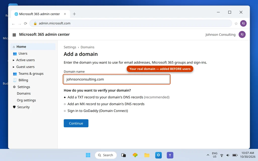 Add a domain wizard in the Microsoft 365 admin center with johnsonconsulting.com entered and the TXT verification method selected