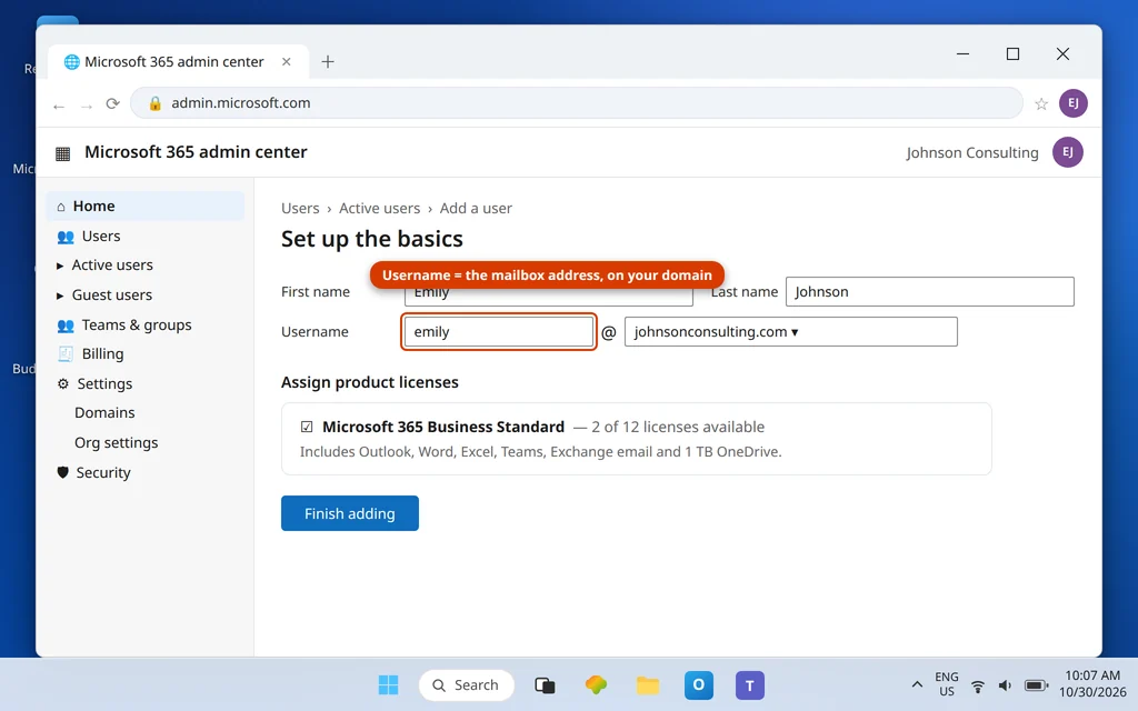 Add a user form in the Microsoft 365 admin center creating emily at johnsonconsulting.com with a Microsoft 365 Business Standard license assigned