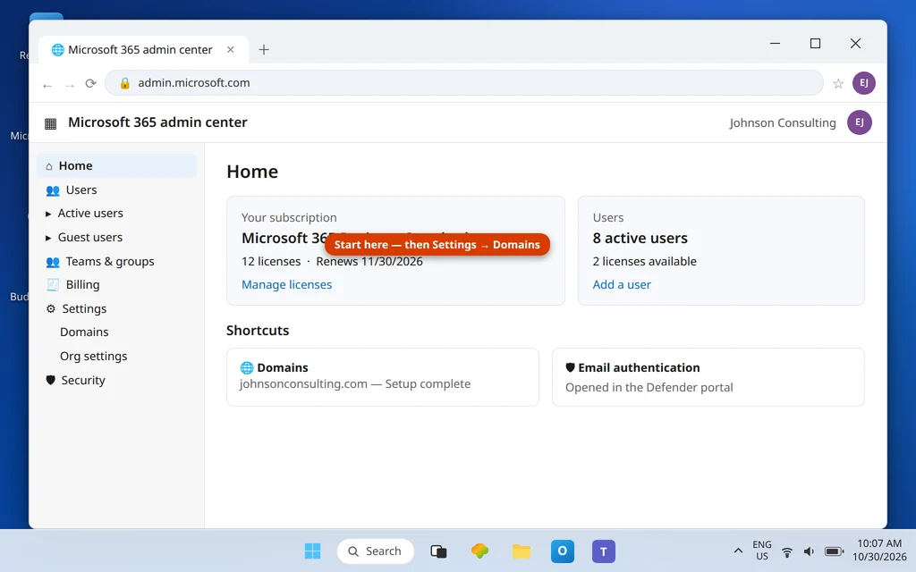 Microsoft 365 admin center home page showing the Business Standard subscription, active users and the Settings Domains menu used for the setup