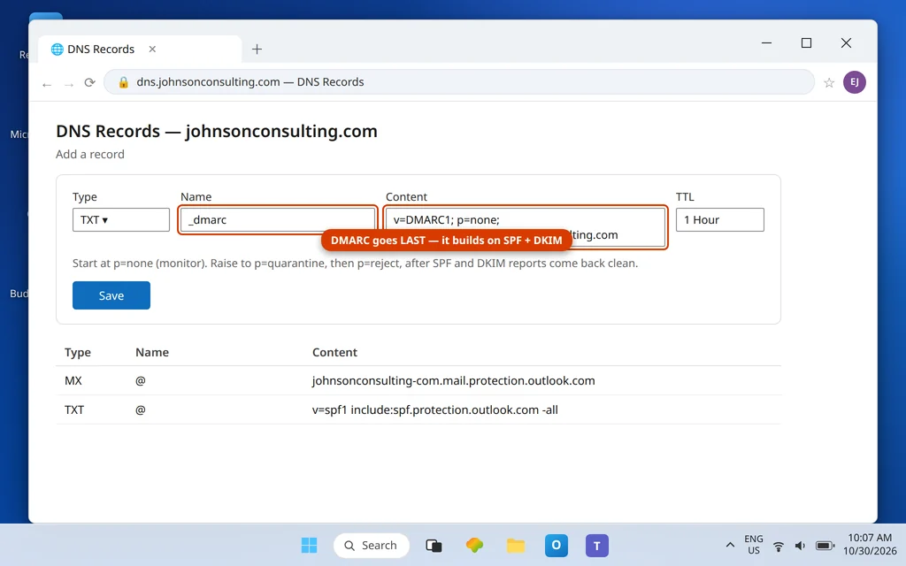 Registrar DNS editor adding the DMARC TXT record at the _dmarc host with p=none and a reports email address