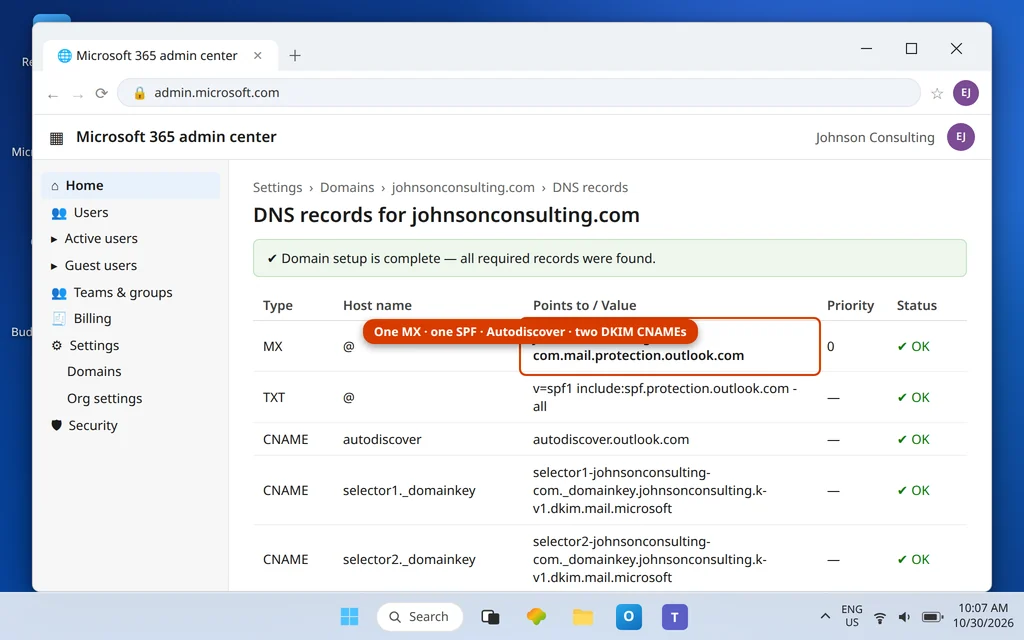 DNS records table for johnsonconsulting.com showing the MX record to mail.protection.outlook.com, the SPF TXT record, the Autodiscover CNAME and the two DKIM CNAME records