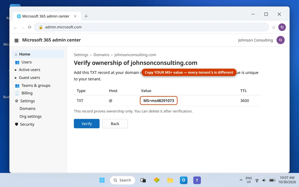 Microsoft 365 domain verification screen showing the tenant-unique TXT record value MS=ms and the Verify button