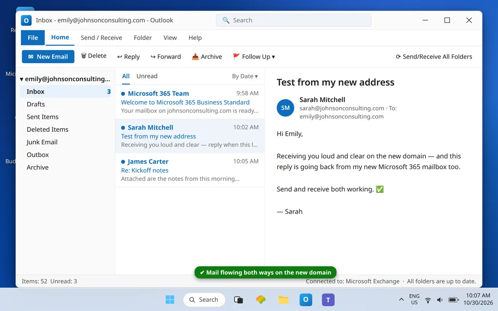 Classic Outlook showing the new johnsonconsulting.com Microsoft 365 mailbox connected and receiving mail after setup
