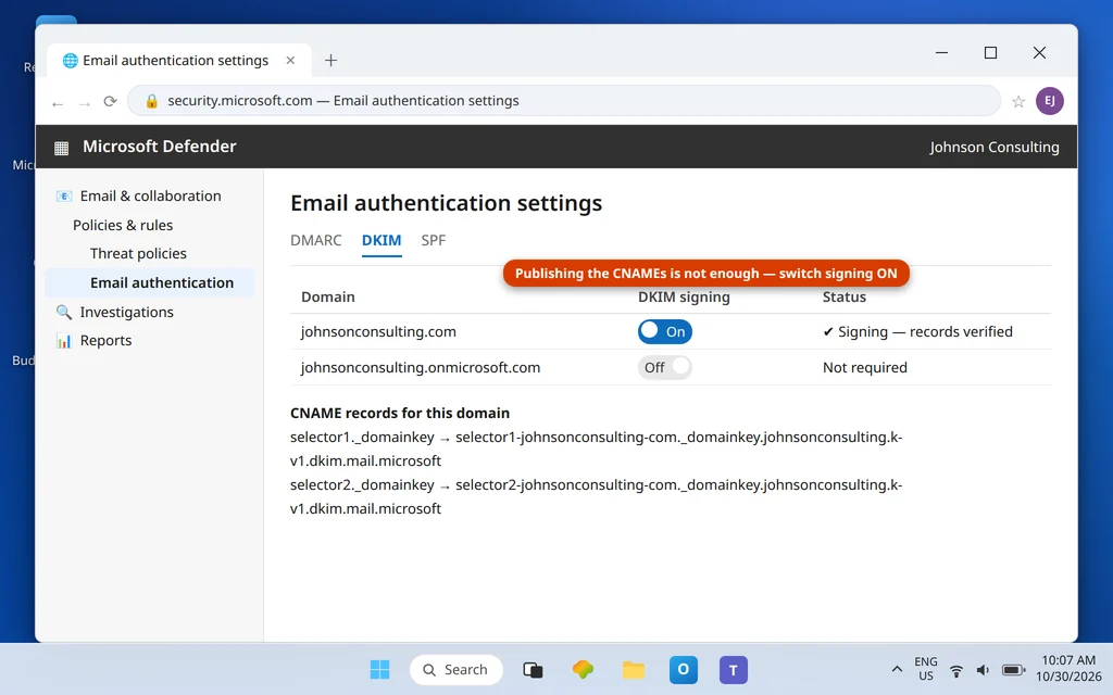 Microsoft Defender portal Email authentication DKIM tab showing the signing toggle and the selector1 and selector2 CNAME targets for the domain