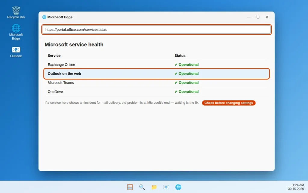 Microsoft service health status page in a browser showing the status of Outlook and Exchange services
