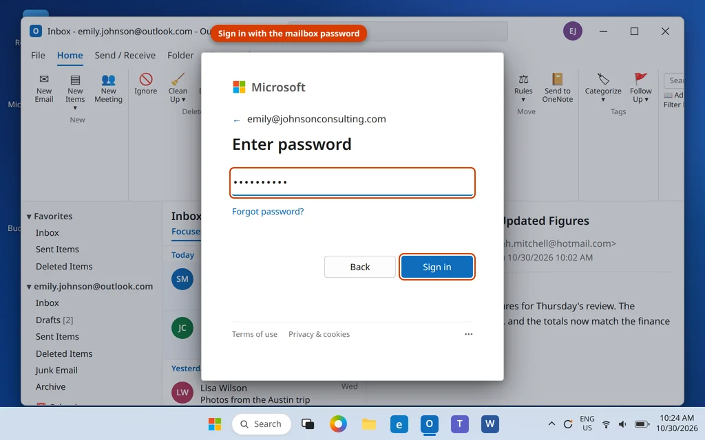 Microsoft sign-in window asking for the business account password