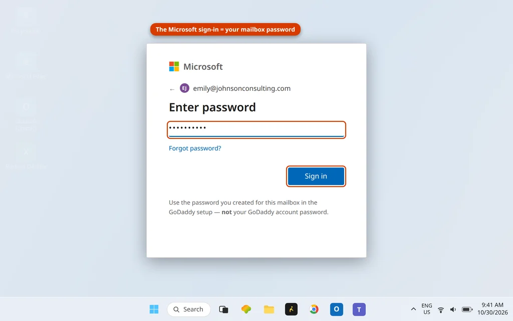 Microsoft sign-in window for the GoDaddy Microsoft 365 mailbox emily@johnsonconsulting.com