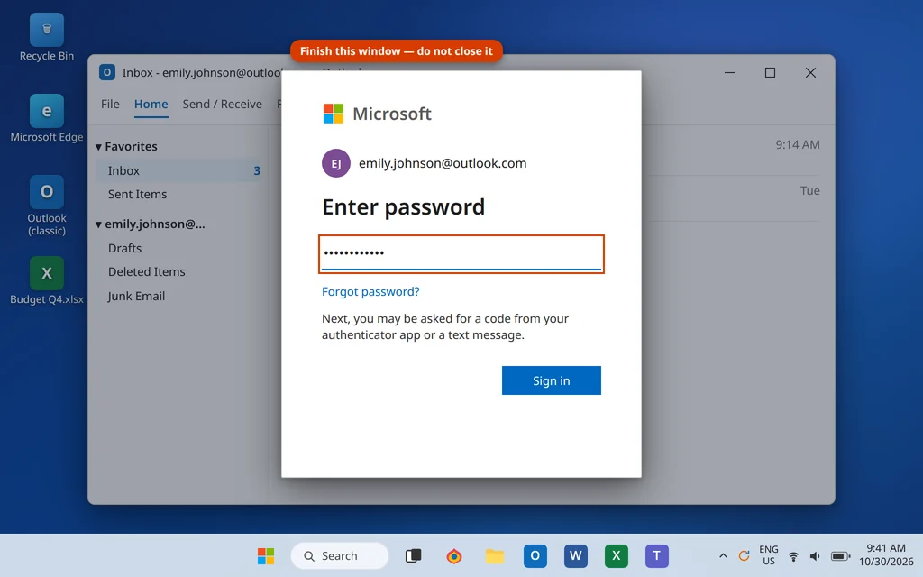 Microsoft sign-in window for the Outlook work account waiting to be completed with password and verification